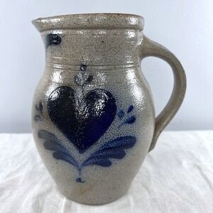 Rowe Pottery Works 1985 Salt Glaze Stoneware Pitcher Blue Heart Cambridge WIS